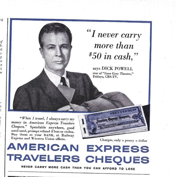 Vintage American Express Travelers Cheques Print Ad Featuring Dick Powell - Picture 1 of 2